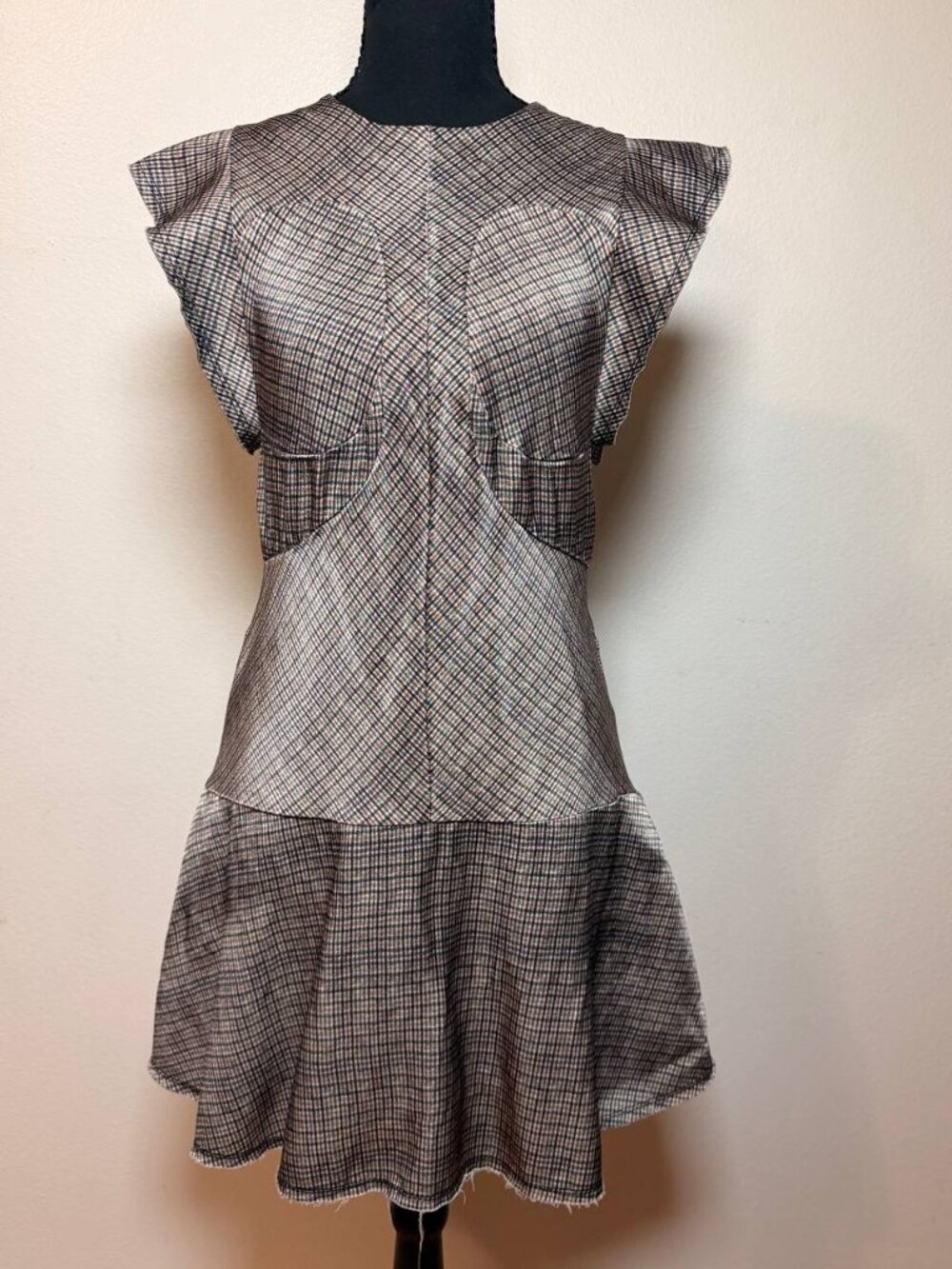 H&M Studio Premium Collection Plaid Drop Waist Dress Ruffle Cap Sleeve Preppy
